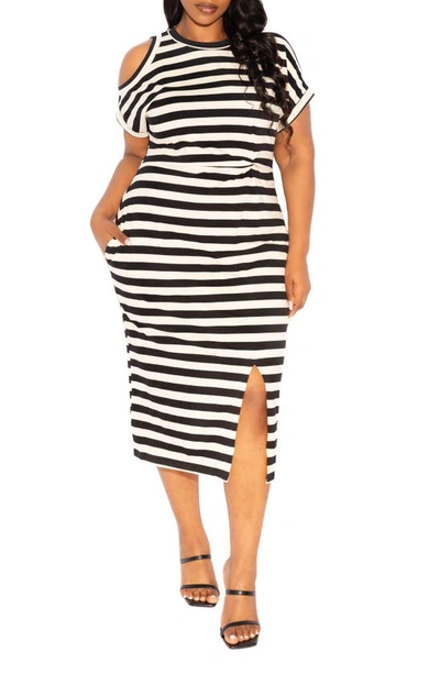 Shop Buxom Couture Stripe Cold Shoulder T-shirt Dress In Black Stripe