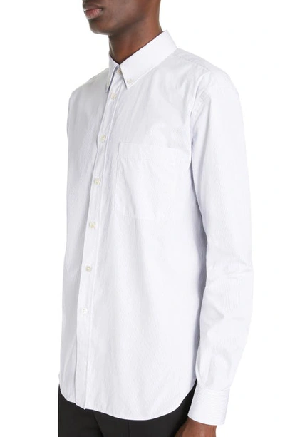 Shop Saint Laurent Stripe Logo Embroidered Cotton Button-down Shirt In Blanc/ Bleu