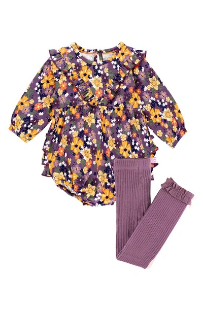 Shop Rufflebutts Flutter Stretch Cotton Romper & Cotton Blend Tights Set In Purple