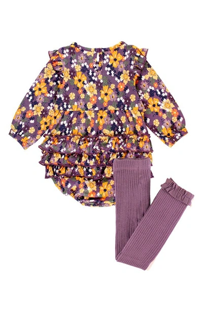 Shop Rufflebutts Flutter Stretch Cotton Romper & Cotton Blend Tights Set In Purple