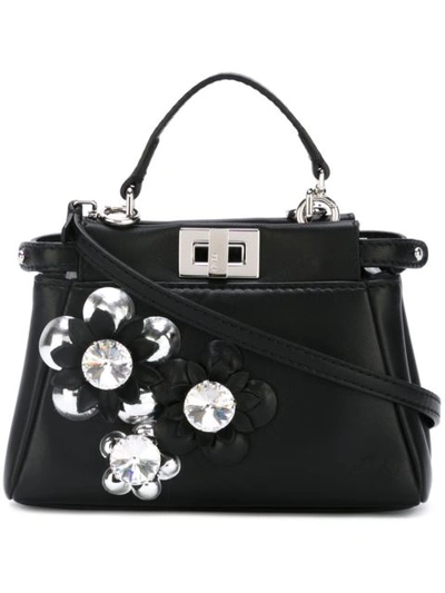 Fendi Micro Peekaboo Embellished Leather Shoulder Bag In Black