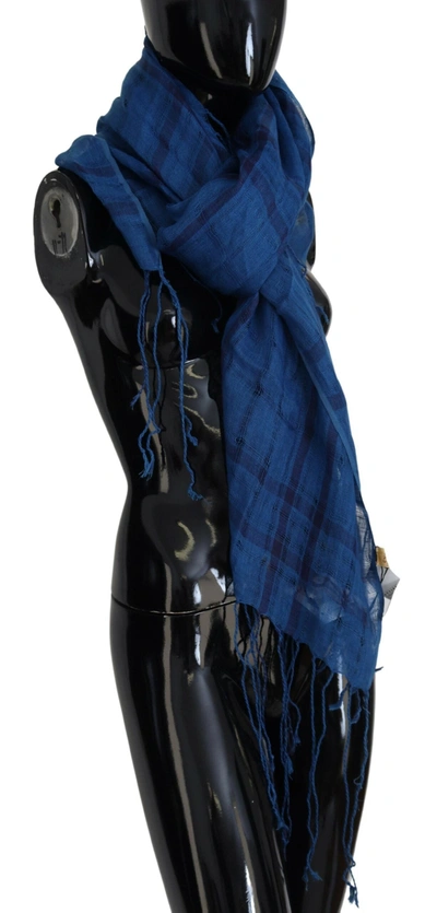 Costume National Blue Linen Shawl Foulard Fringes Scarf In Blue