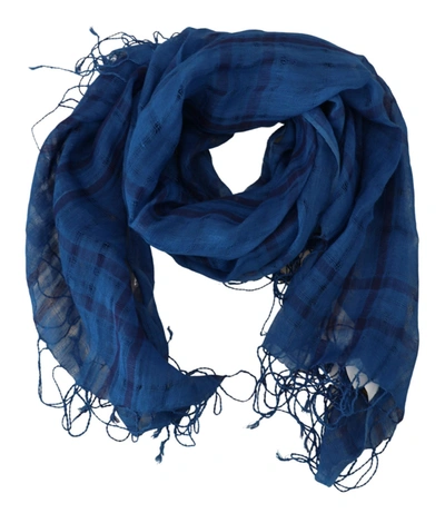Costume National Blue Linen Shawl Foulard Fringes Scarf In Blue