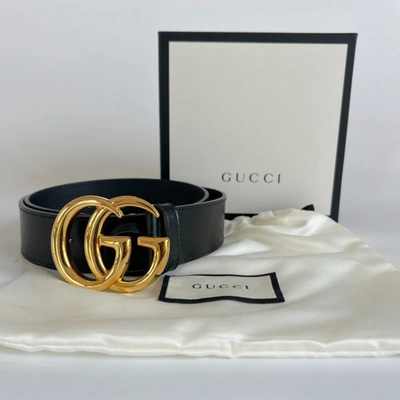 Pre-owned Gucci Black Leather Gg Marmont Buckle Belt 80cm