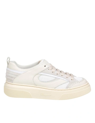Shop Ferragamo Sneakers In Soft Leather And Fabric In Mascarpone
