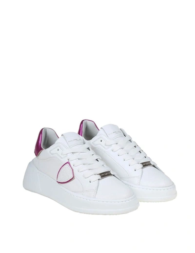 Shop Philippe Model Leather Sneakers In White/fucsia