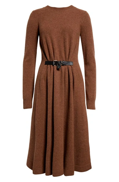 Shop Jw Anderson Padlock Belt Long Sleeve Wool Sweater Dress In Chocolate Brown