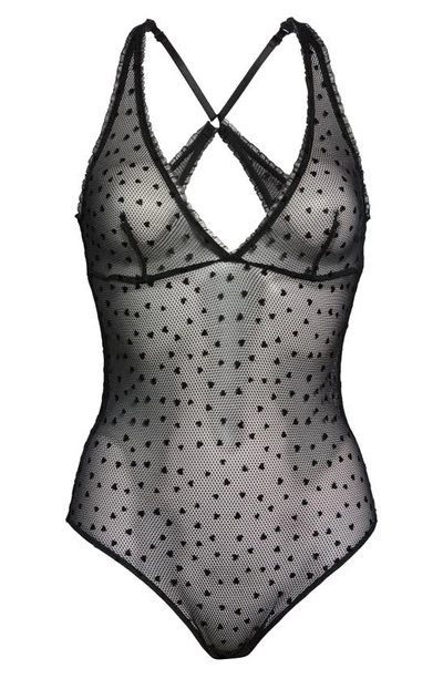 Shop Calvin Klein Flocked Hearts Mesh Bodysuit In Black