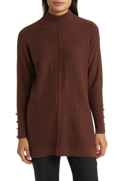 Anne Klein Button Cuff Mock Neck Sweater In Espresso