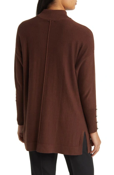 Anne Klein Button Cuff Mock Neck Sweater In Espresso