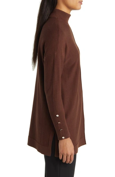 Anne Klein Button Cuff Mock Neck Sweater In Espresso