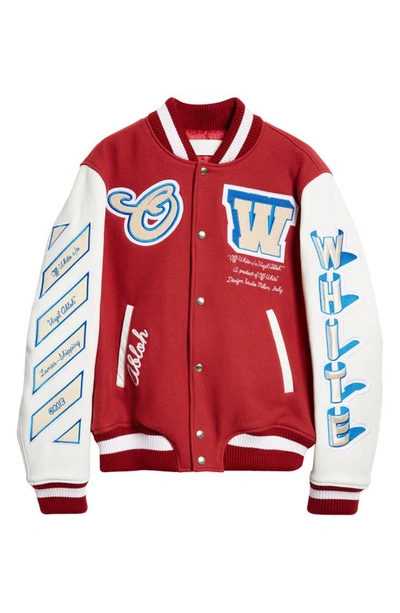 Shop Off-white Onthego Leather & Wool Blend Varsity Jacket In Red / Off White