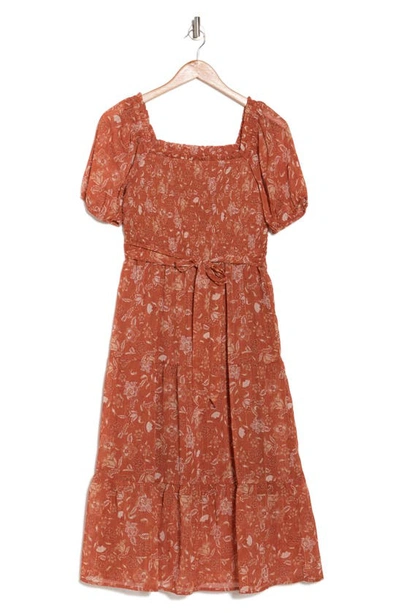 Shop Lucky Brand Smocked Tiered Midi Dress In Dk Rust Medallion
