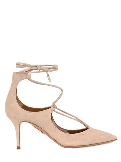 Aquazzura 75mm Christy Lace-up Suede Pumps, Camel