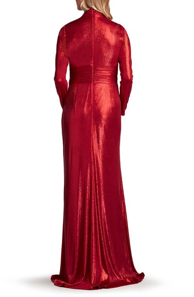 Shop Tadashi Shoji Draped Shimmer Long Sleeve Gown In Deep Red