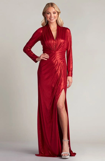 Shop Tadashi Shoji Draped Shimmer Long Sleeve Gown In Deep Red