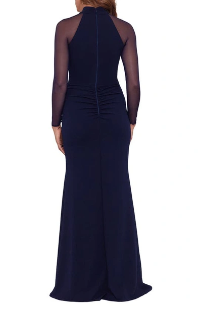 Betsy & Adam Illusion Mesh Long Sleeve Scuba Column Gown In Navy
