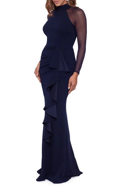 Betsy & Adam Illusion Mesh Long Sleeve Scuba Column Gown In Navy
