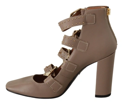 My Twin Brown Leather Block Heels Multi Buckle Pumps Shoes In Brown