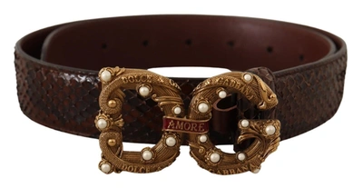 Shop Dolce & Gabbana Exotic Leather Logo Buckle Amore Women's Belt In Brown