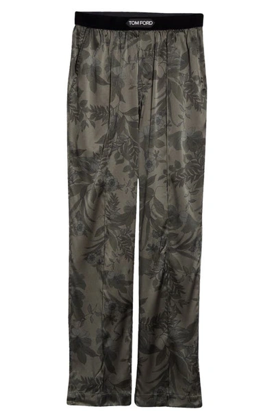 Shop Tom Ford Floral Print Stretch Silk Pajama Pants In Dark Green