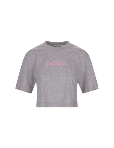 Shop Rabanne Paco  Crop T-shirt With Front And Back Pink Logo In Grey