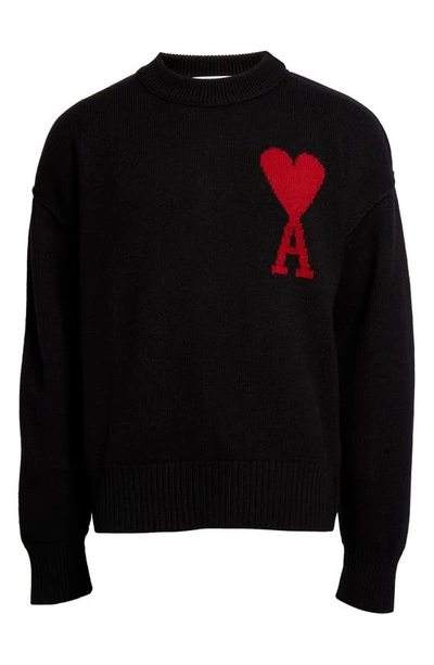 Shop Ami Alexandre Mattiussi Ami De Coeur Monogram Crewneck Sweater In Black/ Red