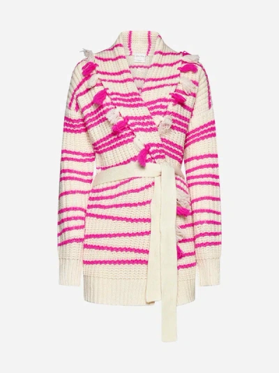 Shop Forte Forte Intarsia Knit Belted Wool Cardigan In Ivory,magenta