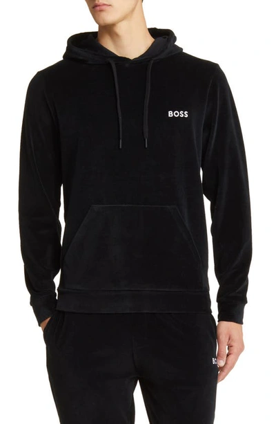 Shop Hugo Boss Heritage Logo Embroidered Velour Lounge Hoodie In Black