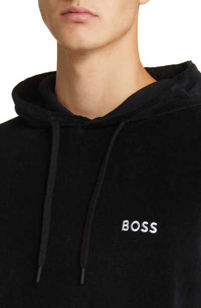 Shop Hugo Boss Heritage Logo Embroidered Velour Lounge Hoodie In Black