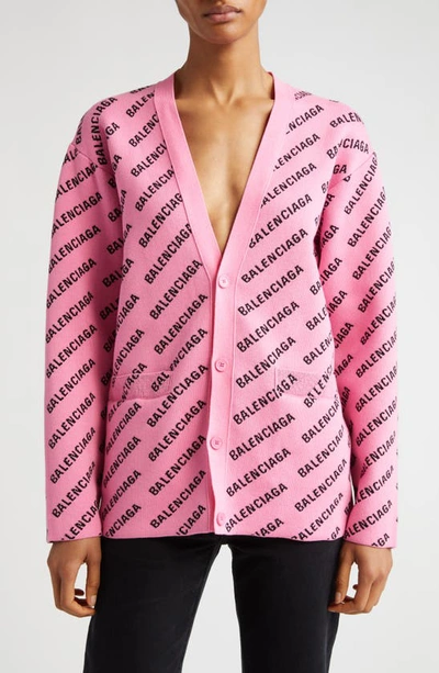 Shop Balenciaga Mini Logo Jacquard V-neck Cotton & Wool Blend Cardigan In Pink/ Black