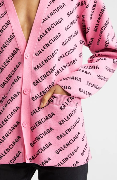 Shop Balenciaga Mini Logo Jacquard V-neck Cotton & Wool Blend Cardigan In Pink/ Black