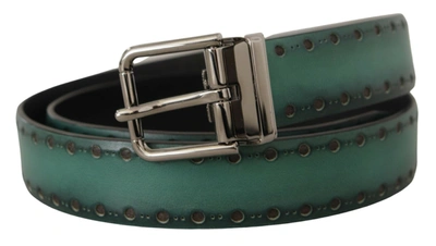Shop Dolce & Gabbana Elegant Leather Belt With Silver Tone Men's Buckle In Green