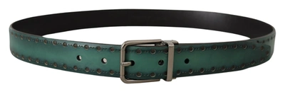 Shop Dolce & Gabbana Elegant Leather Belt With Silver Tone Men's Buckle In Green