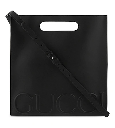 Shop Gucci Logo Leather Shopper In Black