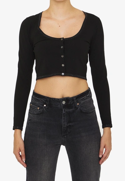 Shop Alexander Wang Cropped Cardigan Top With Logo Crystals In Black