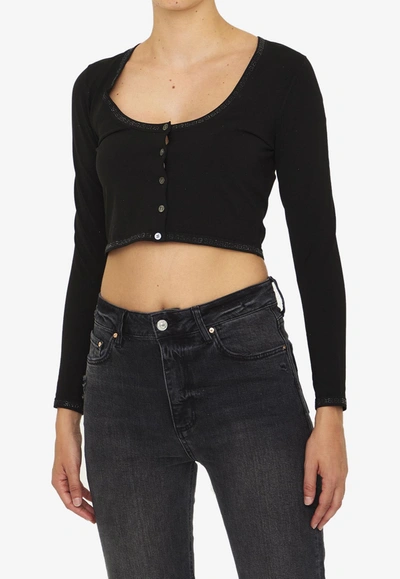 Shop Alexander Wang Cropped Cardigan Top With Logo Crystals In Black