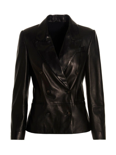 Shop Brunello Cucinelli Double-breasted Leather Blazer Jacket In Nero