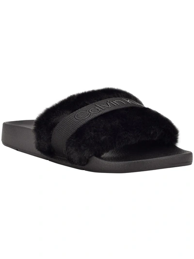 Shop Calvin Klein Anzen Womens Faux Fur Logo Slide Sandals In Black