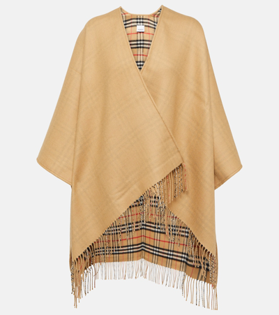Shop Burberry Check Wool Cape In Beige