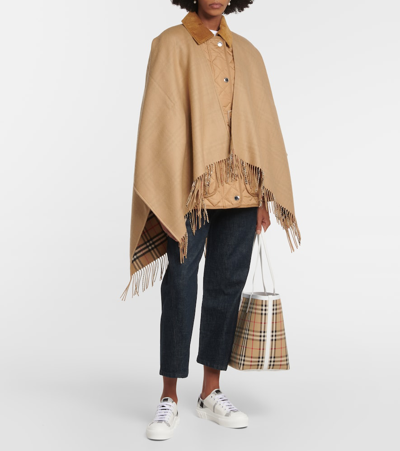 Shop Burberry Check Wool Cape In Beige