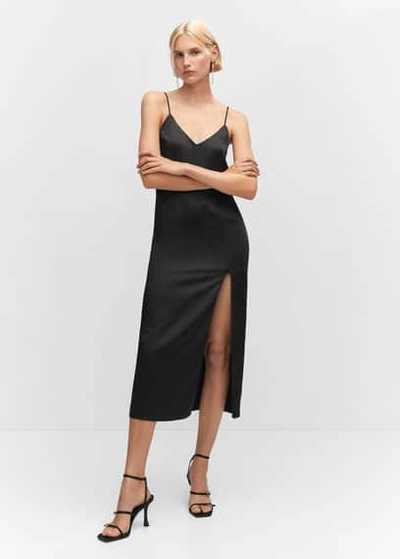 Shop Mango Side-slit Satin Dress Black