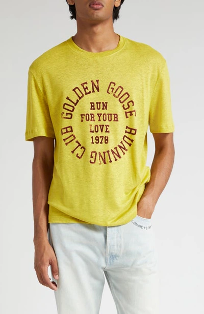 Shop Golden Goose Journey Linen Graphic T-shirt In Maize/ Windsor Wine