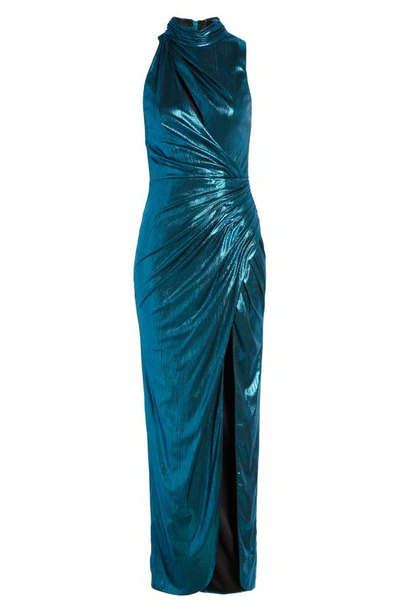 Shop Mac Duggal Sleeveless High Neck Cutout Gown In Peacock