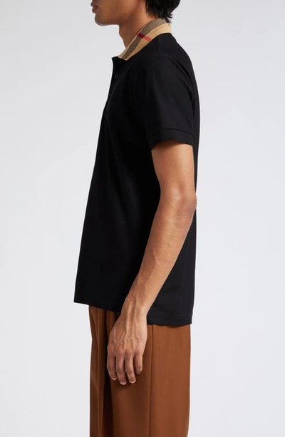 Burberry Check Collar Cotton Polo Shirt In Black