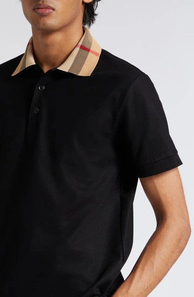 Burberry Check Collar Cotton Polo Shirt In Black