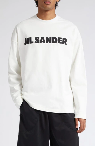 Jil Sander Men White Crewneck Sweatshirt With Contrasting Logo Print At The Front In Cotton Man In Porcelain