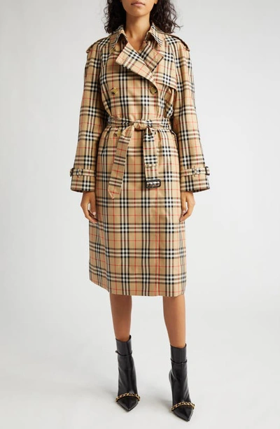 Shop Burberry Harehope Check Trench Coat In Archive Beige Ip Check