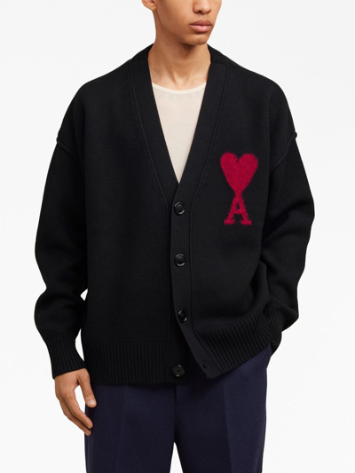 Shop Ami Alexandre Mattiussi Intarsia-logo Wool Cardigan In Black