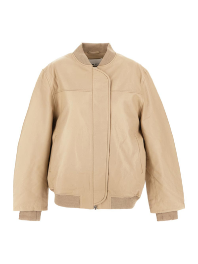 Shop Remain Leather Bomber Jacket In Beige